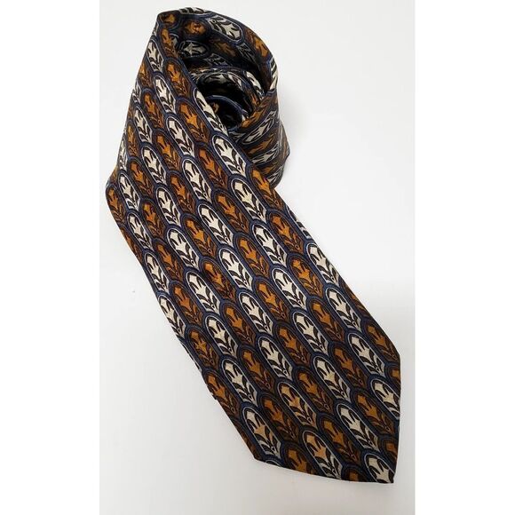 BACI Italy Necktie 100% Silk Feather Medallion Print Taupe/Gold/Steel Blue Tie - Picture 2 of 12